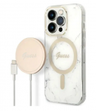 Etui do iPhone 14 Pro Guess 4G Gold White Magsafe + ładowarka - białe