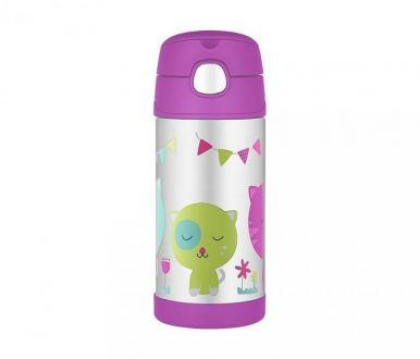 Kubek dla dzieci ze słomką Thermos FUNtainer 355 ml (stalowy/fuksja) motyw kot - zdjęcie główne