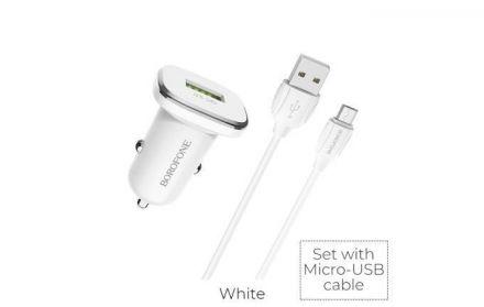 Borofone - ładowarka samochodowa USB z QC3.0 i kablem micro USB w zestawie, biały - zdjęcie główne