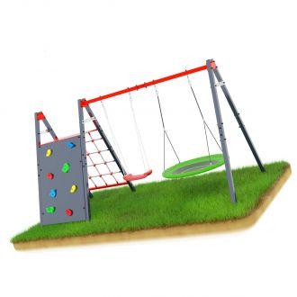 Huśtawka ogrodowa ze ścianką i liną wspinaczkową podwójna mieszcząca bocianie gniazdo i huśtawkę KSOZ014S - zdjęcie główne