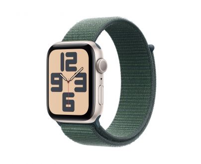 Apple Watch SE2 44mm aluminium w kolorze księżycowej poświaty z opaską sportową w kolorze górskiego jeziora - zdjęcie główne