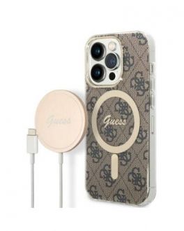 Etui do iPhone 14 Pro Magsafe i ładowarka Guess Charger 4G Gold Brown - zdjęcie główne