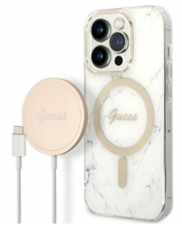 Etui do iPhone 14 Pro Max Guess 4G Gold White Magsafe + Charger - białe - zdjęcie główne