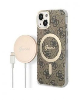 Etui do iPhone 14 Magsafe i ładowarka Guess Charger 4G Gold Brown - zdjęcie główne