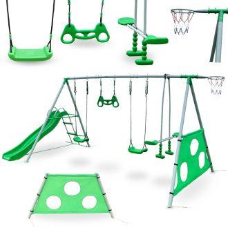 Ogrodowy plac zabaw dla dzieci XXXL z huśtawkami, zjeżdżalnią, trapezem gimnastycznym, koszem do koszykówki i bramką do piłki nożnej - zdjęcie główne
