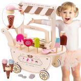 Drewniana lodziarnia dla dzieci - wózek na kółkach z akcesoriami