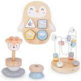 Zestaw drewnianych zabawek - kolorowa przeplatanka, piramidka Jelonek, sorter Pingwin