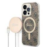 Etui do iPhone 14 Pro Magsafe i ładowarka Guess Charger 4G Gold Brown